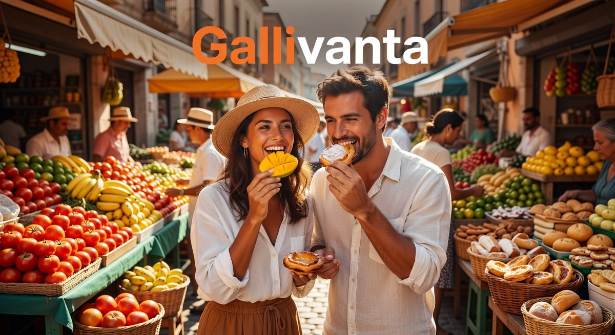 Travelers tasting local food at a market during a slow travel date.