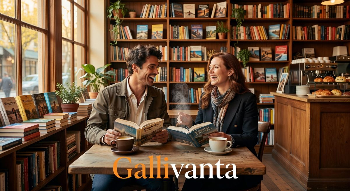 Two solo travelers sharing books and coffee on a slow travel date.