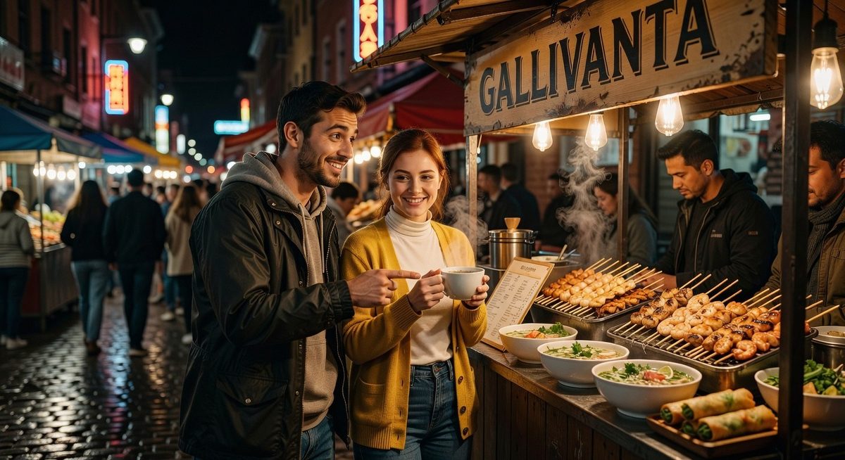 Travelers turning a casual conversation into a public food market plan.