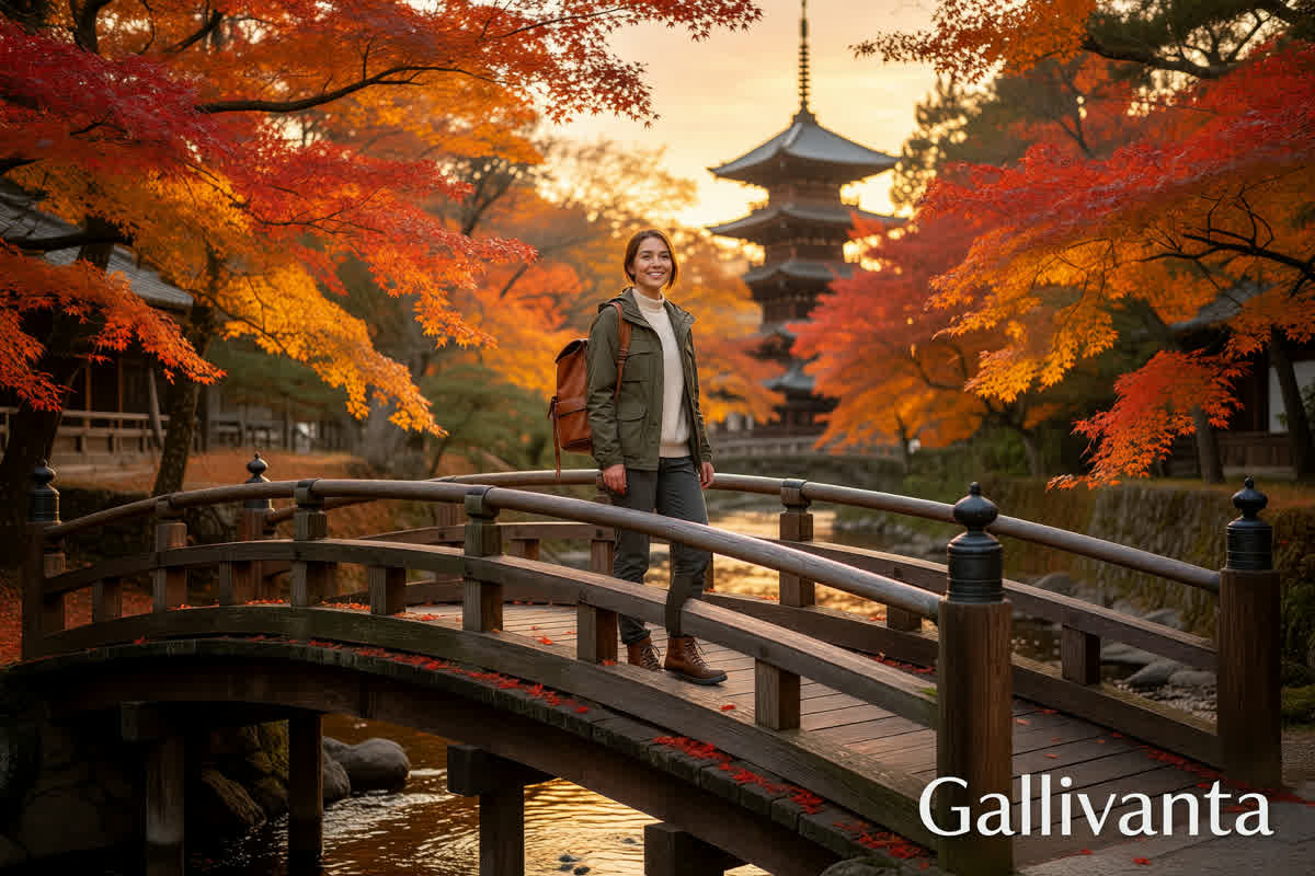 Solo female traveler exploring Kyoto's autumn scenery on a Japan solo travel adventure