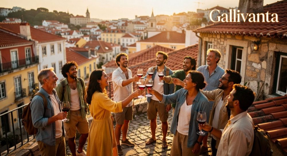 Solo traveler meeting new friends at a rooftop bar in Lisbon, one of the best destinations for meeting people in 2026