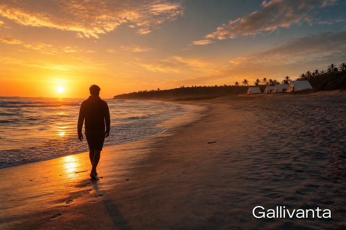 Solo traveler walking on a golden beach at sunset with surf camps in the distance