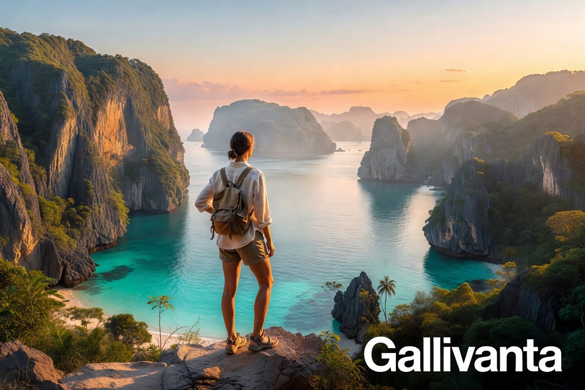 Solo traveler overlooking Thailand's limestone cliffs and turquoise waters at sunset