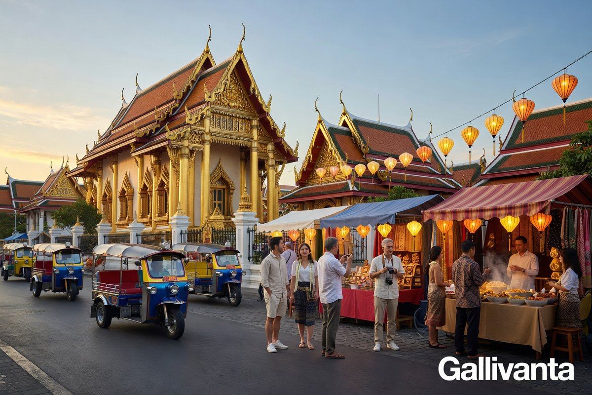 Vibrant Thai street scene with golden temple architecture and bustling market energy