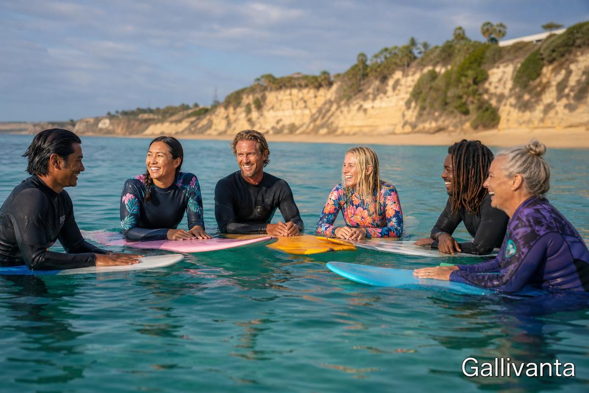 Group of solo travelers laughing together during a surf lesson in crystal clear water