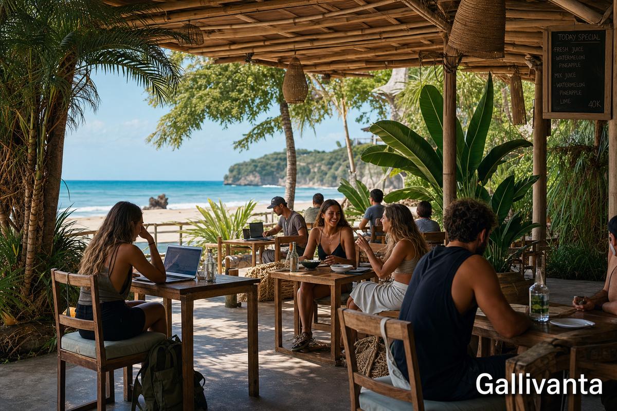 Solo travelers connecting at a beachfront cafe with ocean views and tropical atmosphere