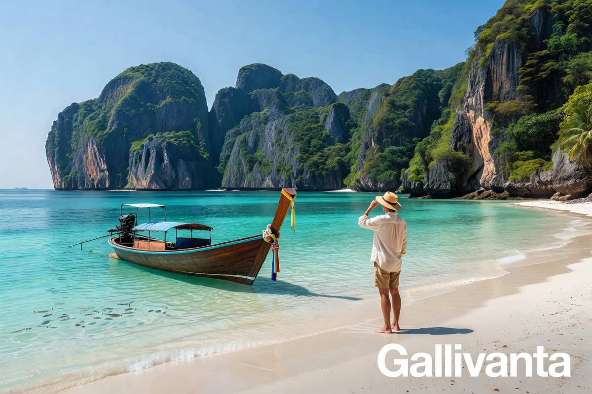 Longtail boat on turquoise Thai waters with dramatic limestone islands in the background