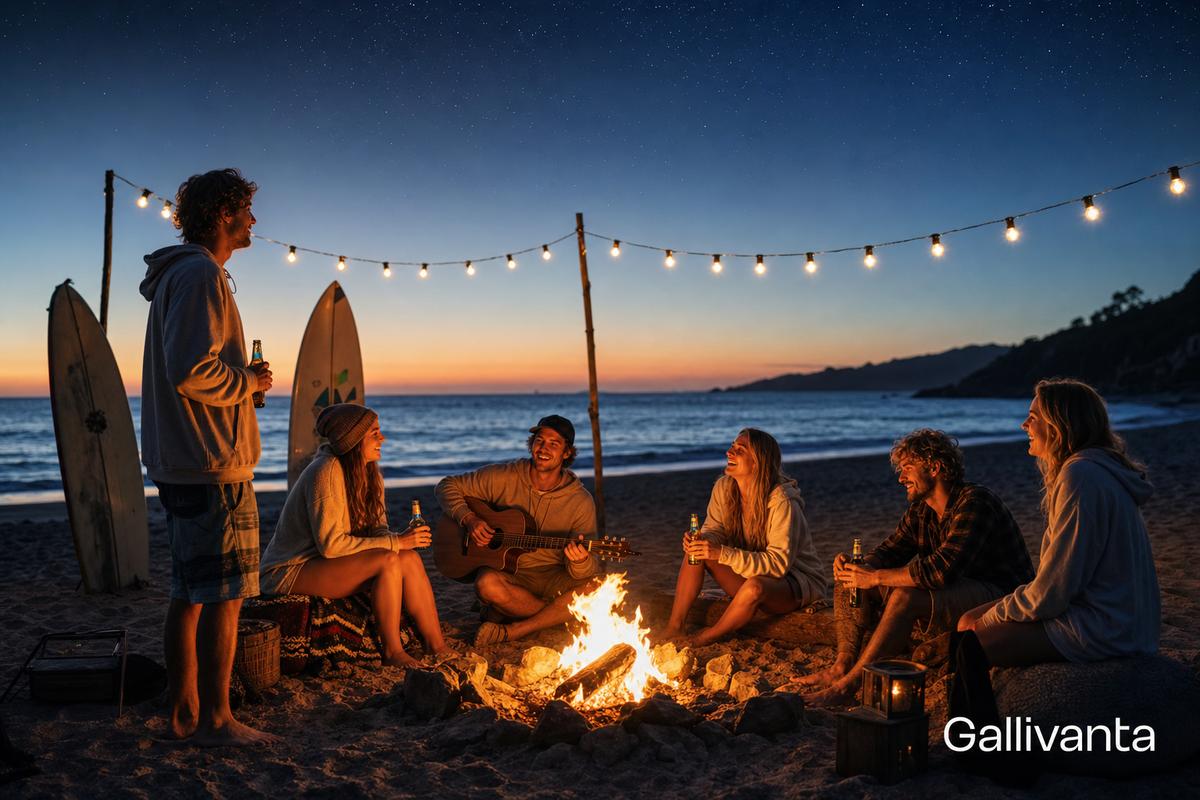 Travelers gathered around a beach bonfire at sunset sharing stories and laughter
