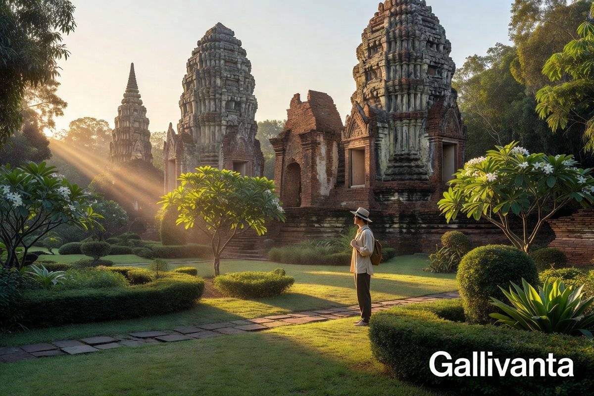 Ancient Thai temple ruins bathed in golden sunrise light, surrounded by peaceful gardens