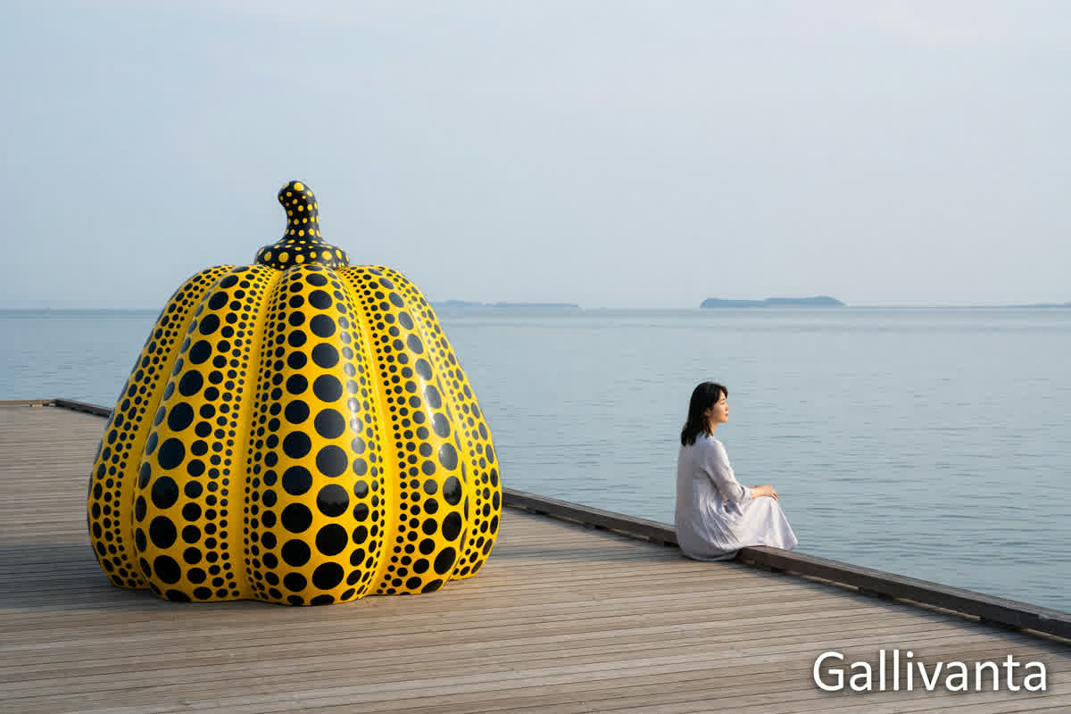 Solo traveler admiring the famous pumpkin sculpture on Naoshima art island in Japan