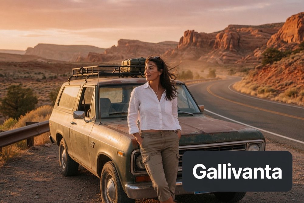 Solo female traveler on a scenic road trip through red rock desert at sunset with Gallivanta branding