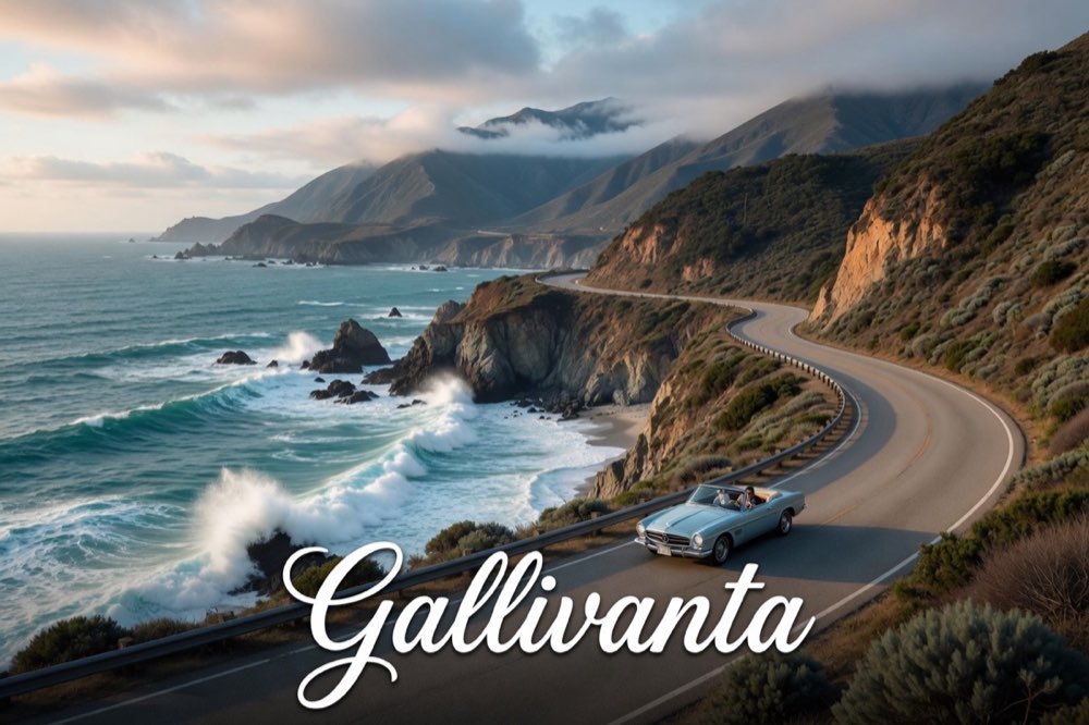 Scenic coastal highway along Big Sur with a single car driving above the Pacific Ocean