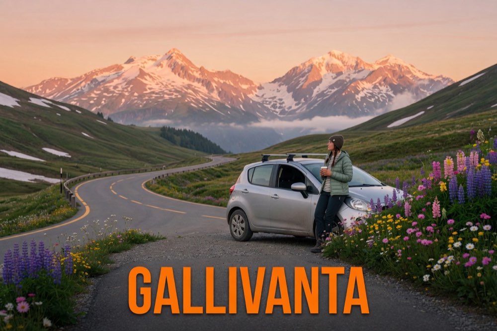 Solo traveler standing beside her car at a mountain overlook during sunrise on a scenic road trip