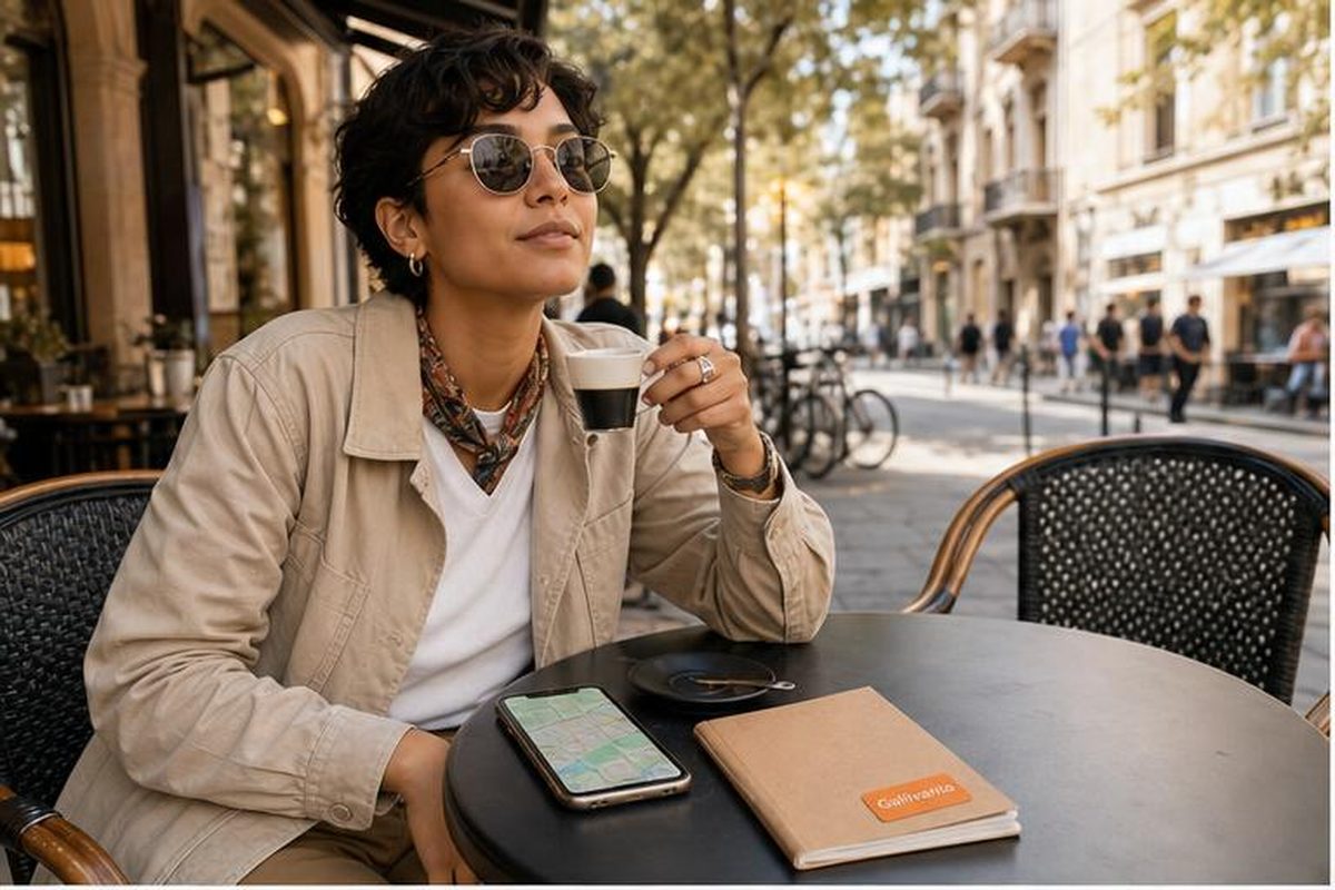 Solo traveler planning a first travel date from a public cafe table.