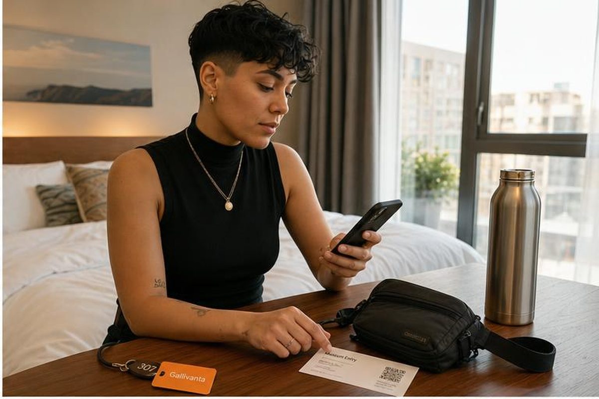 Solo traveler checking a route and packing essentials before a first travel date.