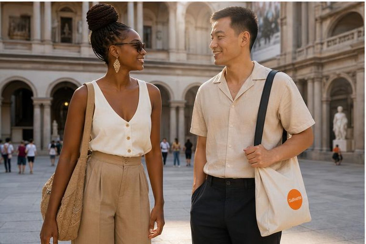 Two travelers sharing a relaxed first travel date in a public museum courtyard.