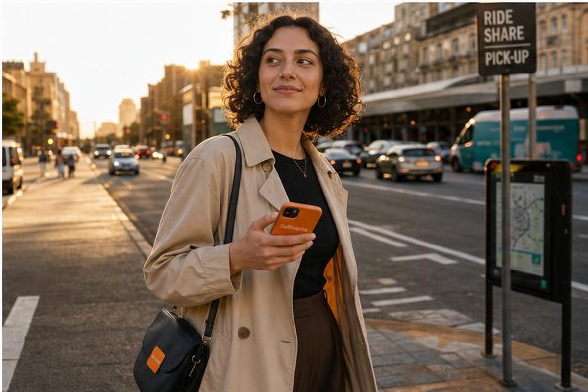 Solo traveler leaving a first travel date independently from a well-lit city street.
