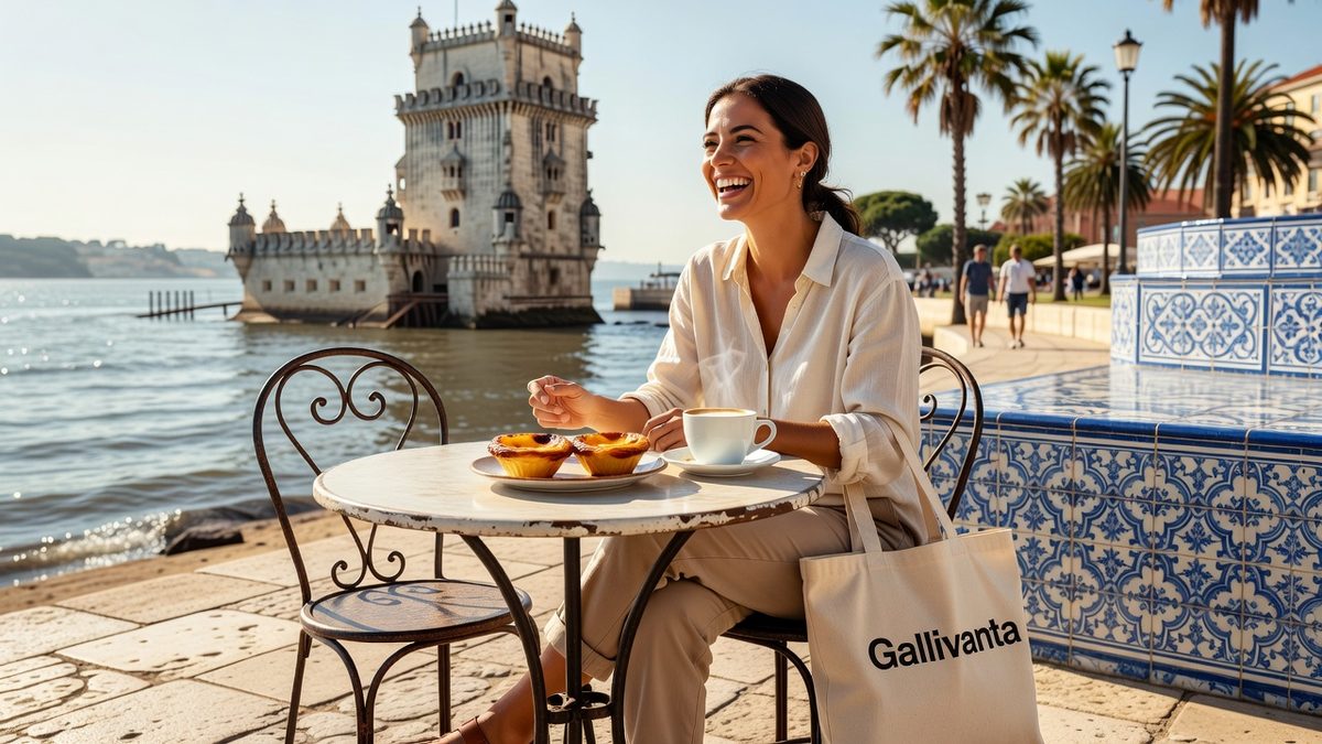 Solo traveler enjoying pasteis de nata during a Belem pastry walk in Lisbon.