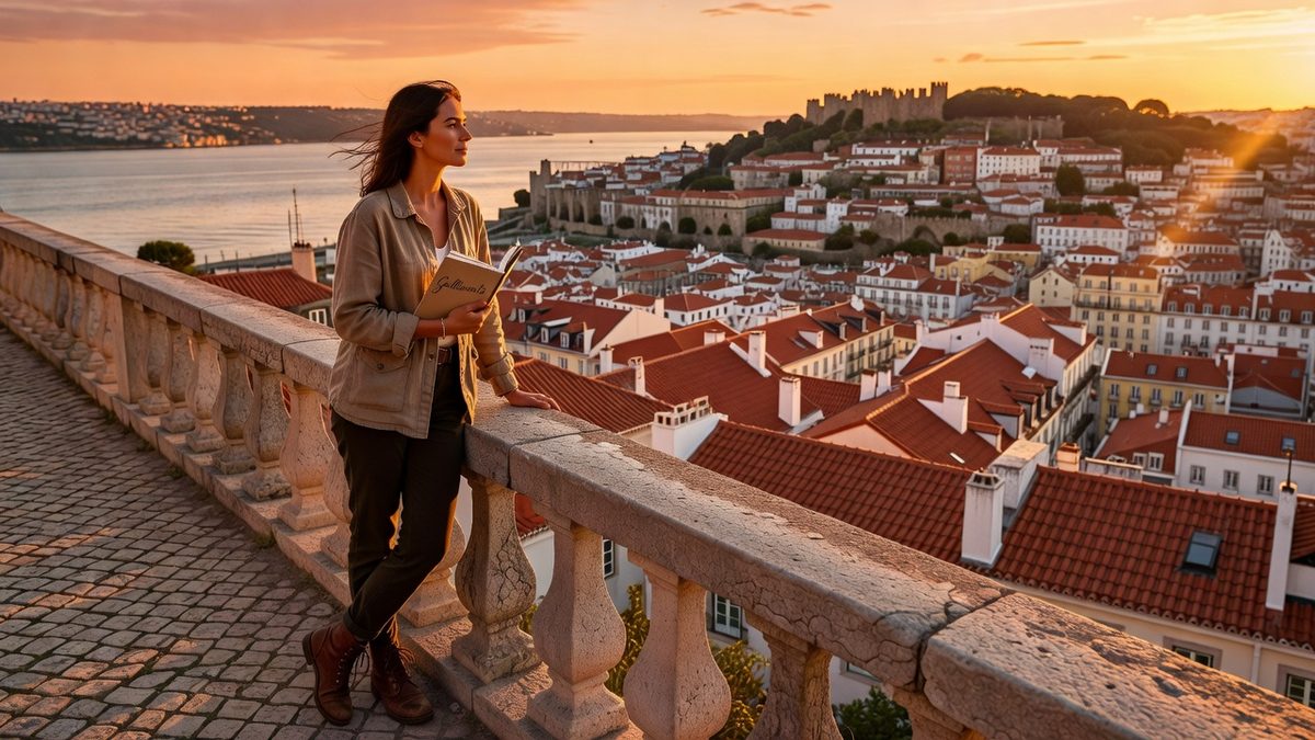 Solo traveler watching sunset from a Lisbon viewpoint, one of the best Lisbon solo date spots.