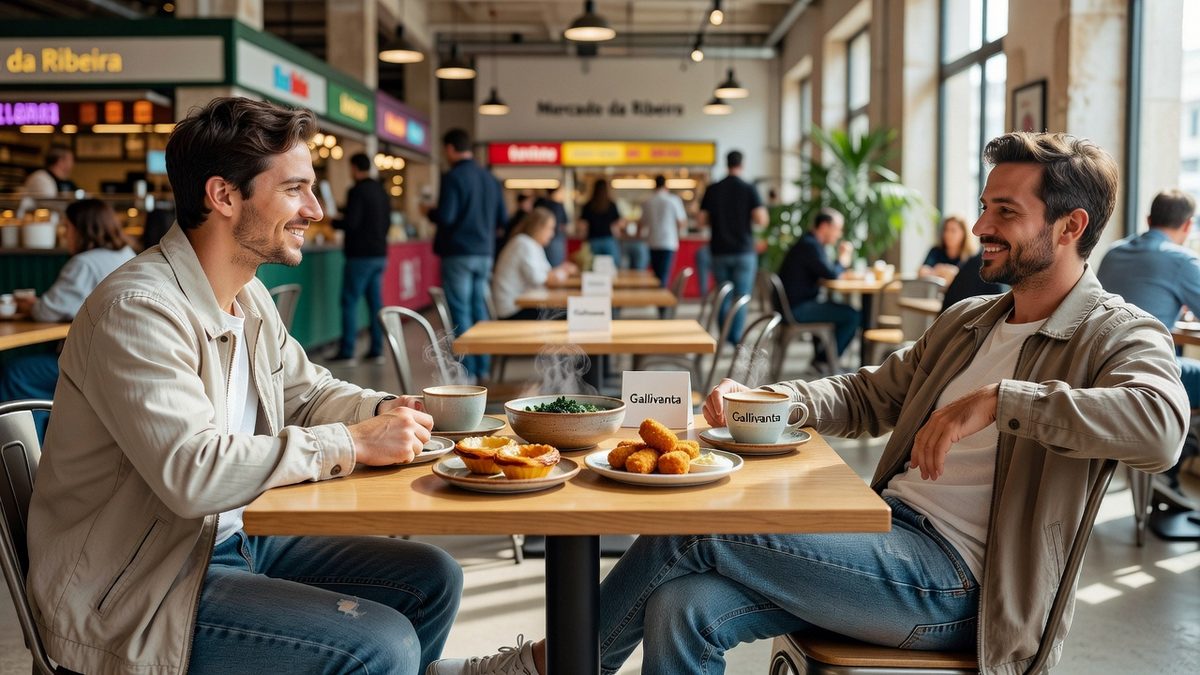 Travelers sharing a casual food hall date in Lisbon at a public first-meet spot.