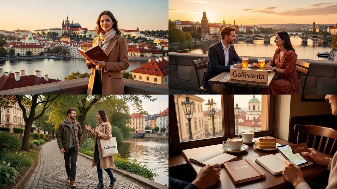 Prague cafe first date setup with coffee cake notebooks and Gallivanta branding.