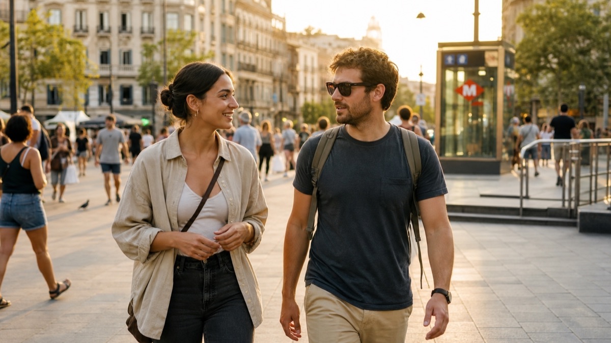Two travelers meeting in a public venue with an easy exit plan.