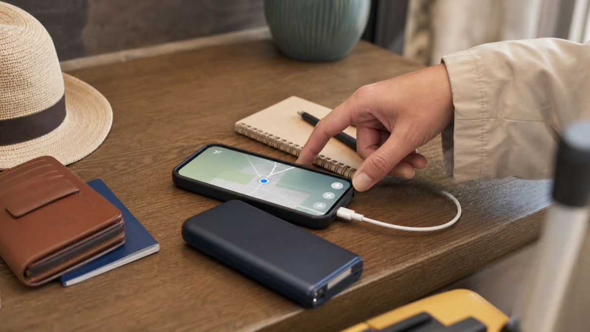 Traveler confirming a check-in message and transit backup before a meetup.