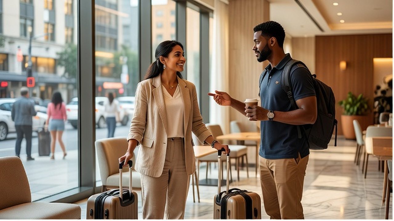 Two solo travelers meet in a bright hotel lobby cafe before check-in with luggage beside them.