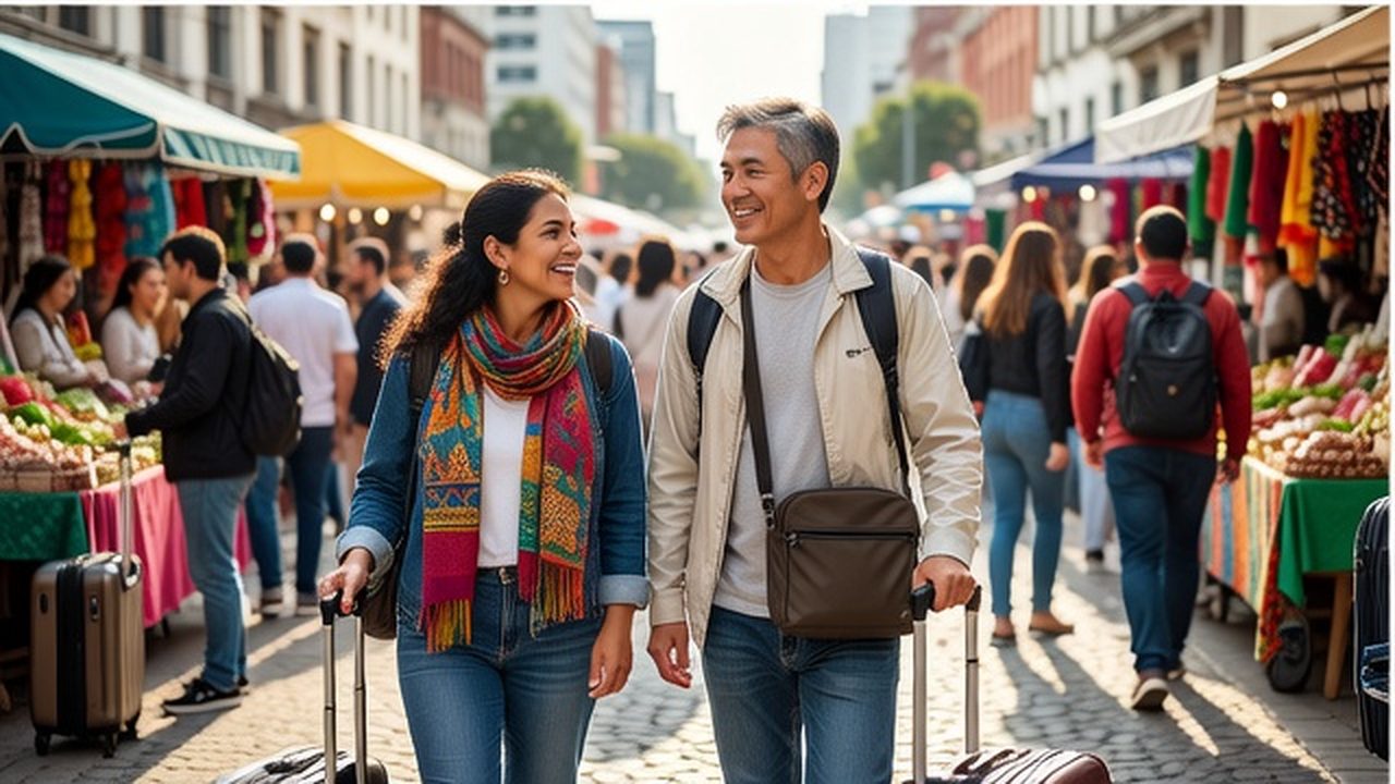 Two travelers walk with luggage through a lively public market street in daylight.