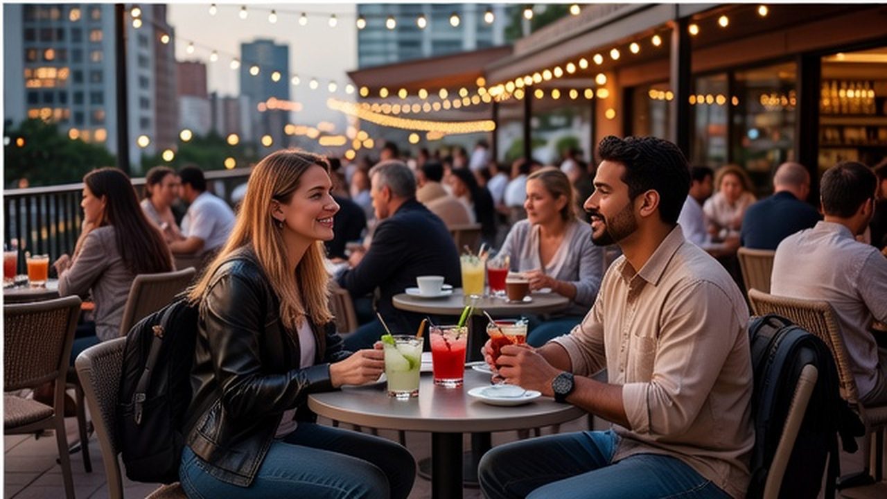Two travelers sit with drinks on a busy rooftop terrace with city lights and other guests nearby.