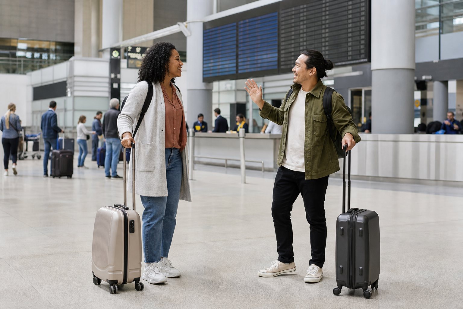 Two solo travelers meet with separate carry-on bags in a busy international airport arrivals hall.