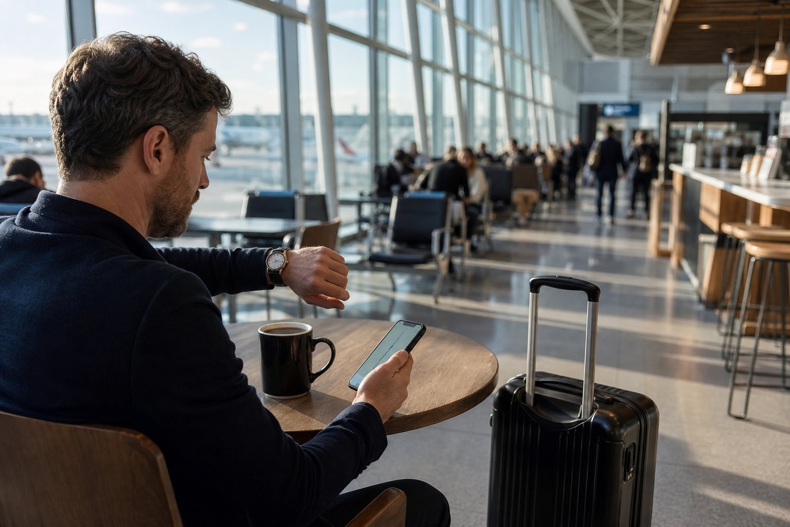 Solo traveler checks a watch and phone map at an airport cafe with a carry-on beside the chair.