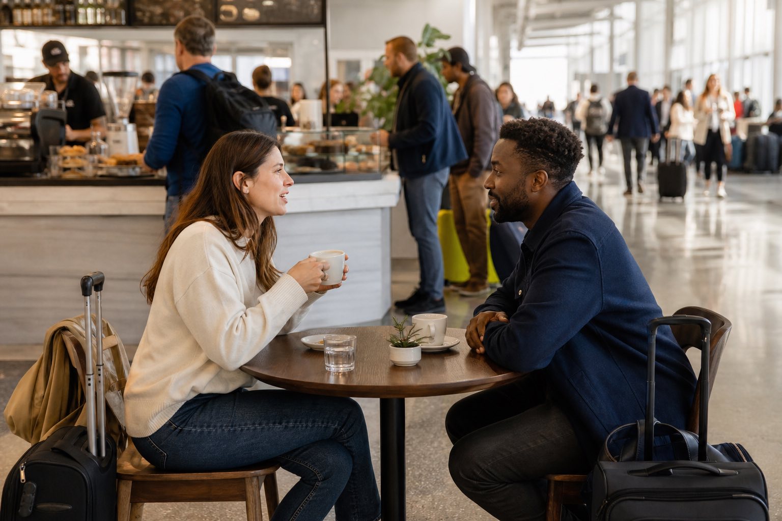 Two travelers talk at a staffed public arrivals cafe while keeping their bags in reach.