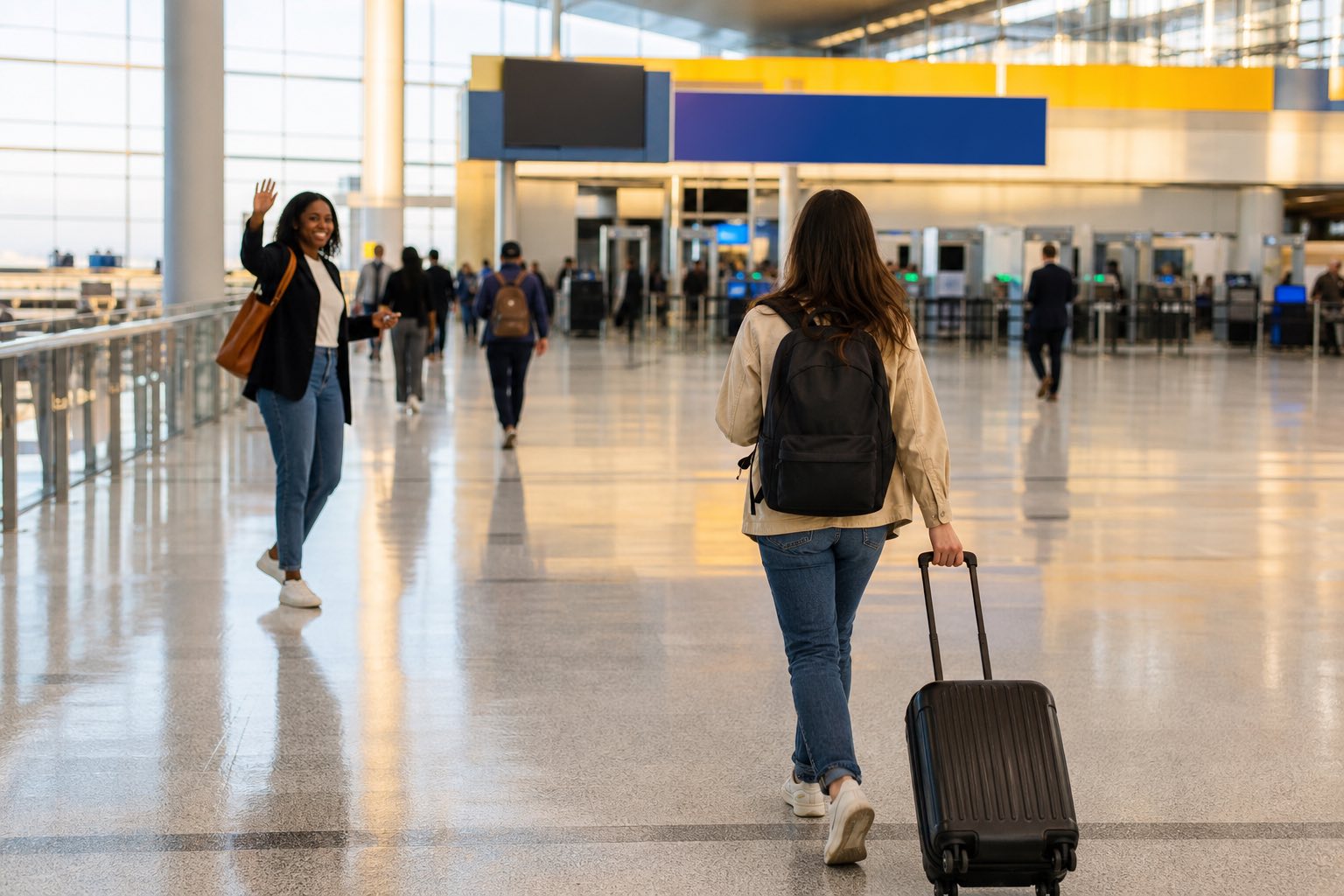 Solo traveler walks back toward airport security while another traveler waves goodbye from a distance.