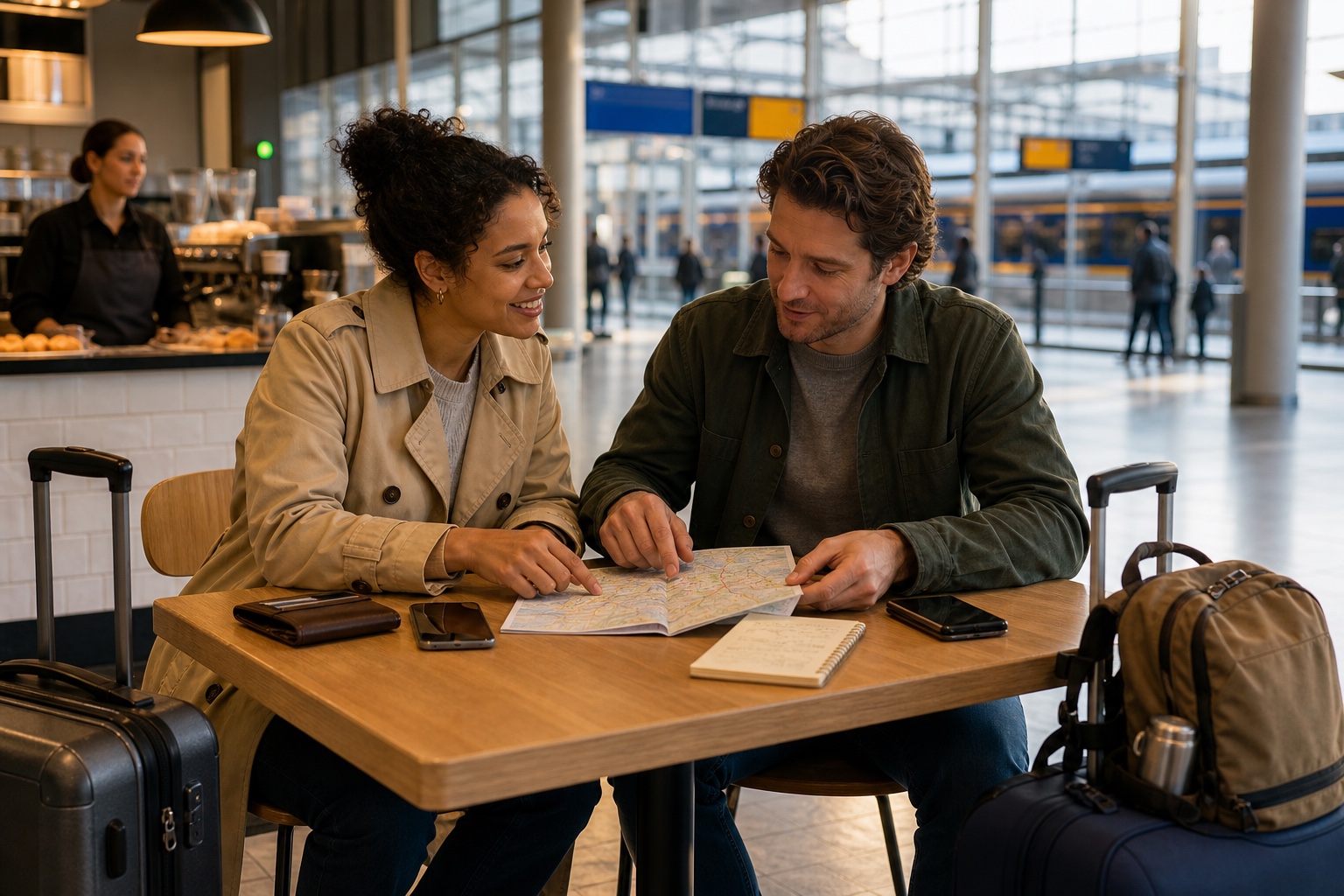 Two solo travelers compare a transit map and modest date budget at a staffed railway-station cafe with separate bags and phones.