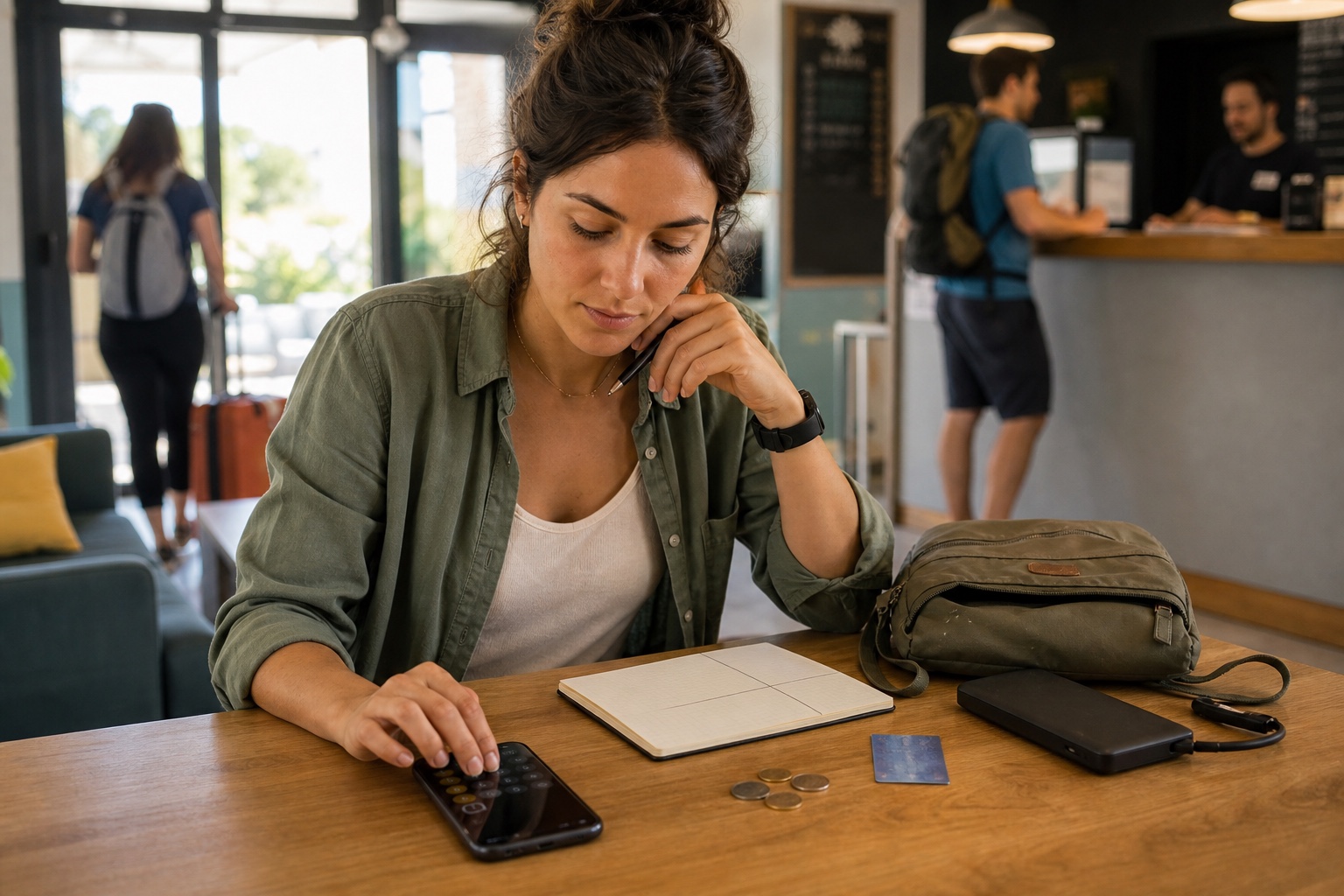 Solo woman traveler plans a cafe budget, transit fare, and independent exit fund with her phone and local cash in a staffed hostel lounge.