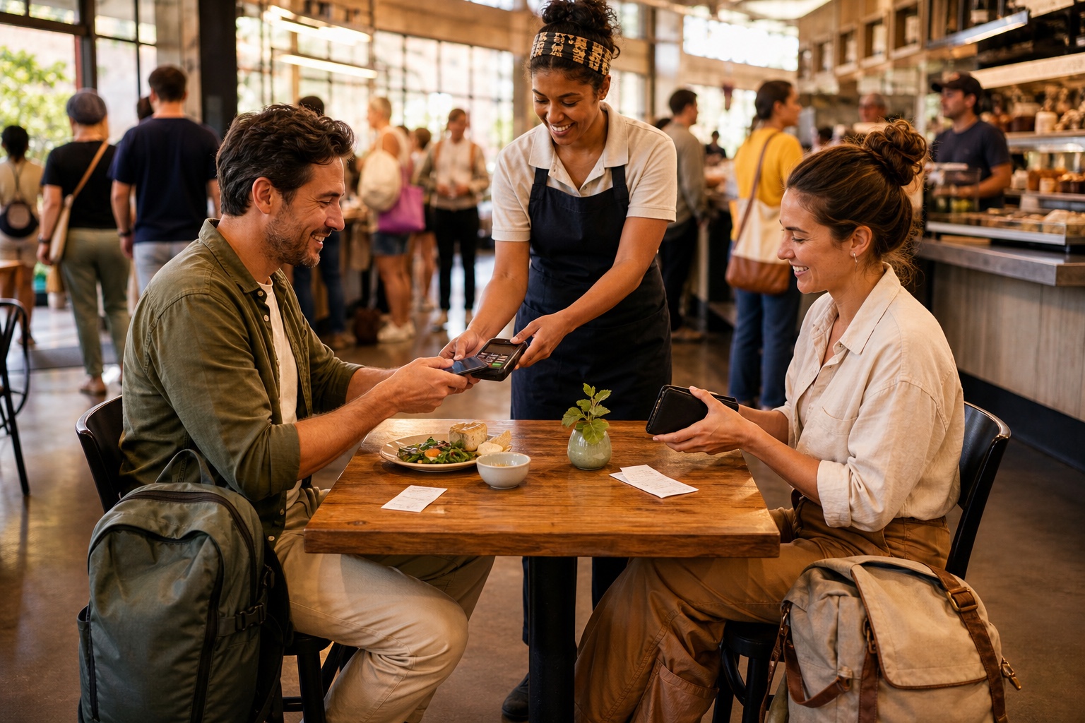 Two adult travelers pay separately at a busy public market cafe while keeping their own wallets and travel bags.