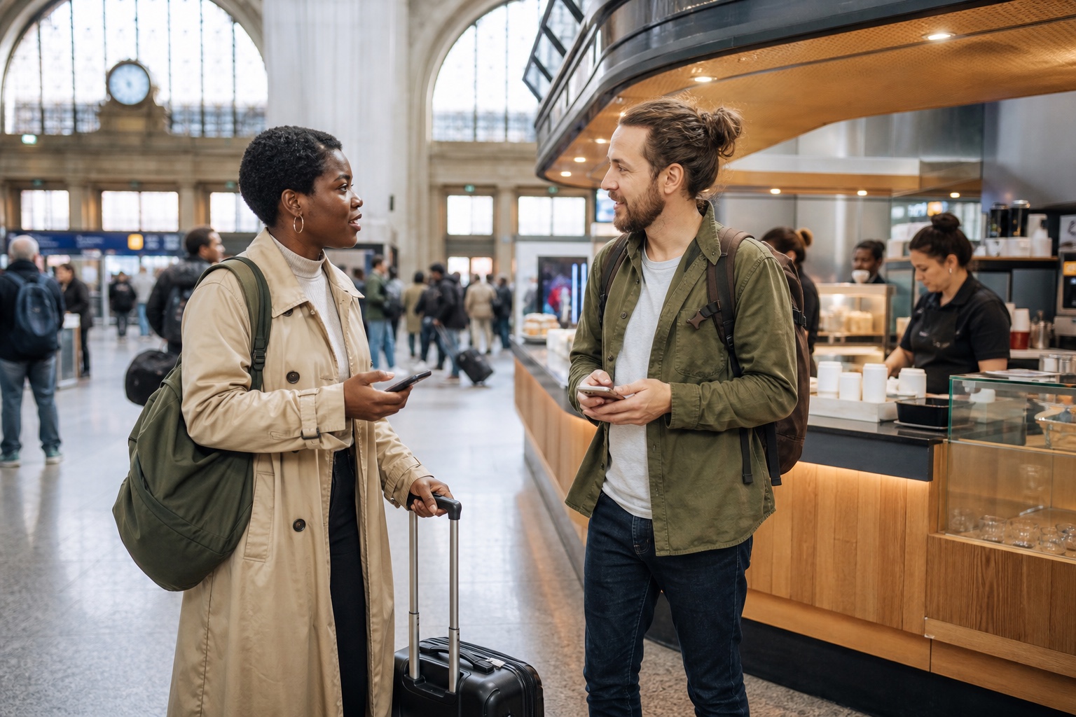 Two solo travelers coordinate a public meeting point at a staffed railway-station cafe while keeping separate bags and phones.