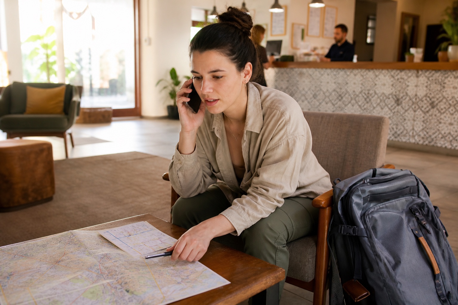 Solo woman traveler reviews a timed check-in plan with a trusted friend by phone from a bright staffed hostel lounge.