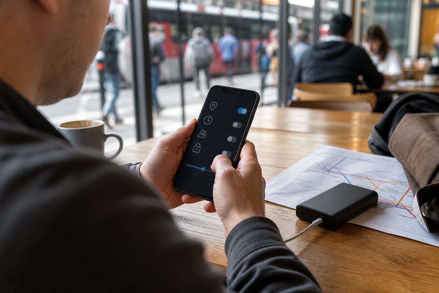 Traveler reviews time-limited phone location-sharing controls beside a paper route card and portable battery in a public cafe.