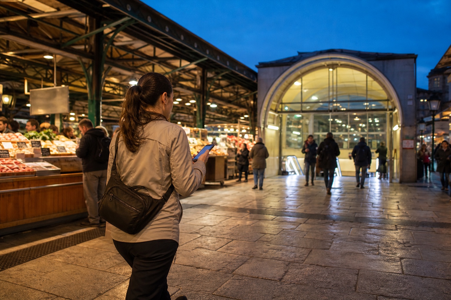 Solo woman traveler leaves a staffed evening market toward a bright transit entrance while checking an independent route on her own phone.