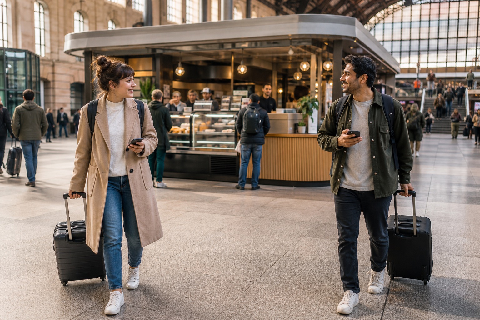 Two solo travelers approach a staffed public cafe from different directions in a busy European train station.