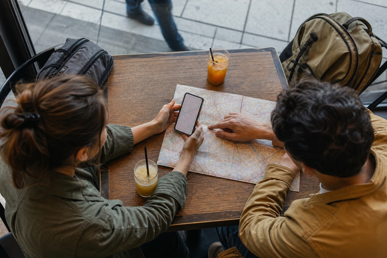 Two solo travelers compare a phone map and paper transit map at a public cafe table with separate bags nearby.