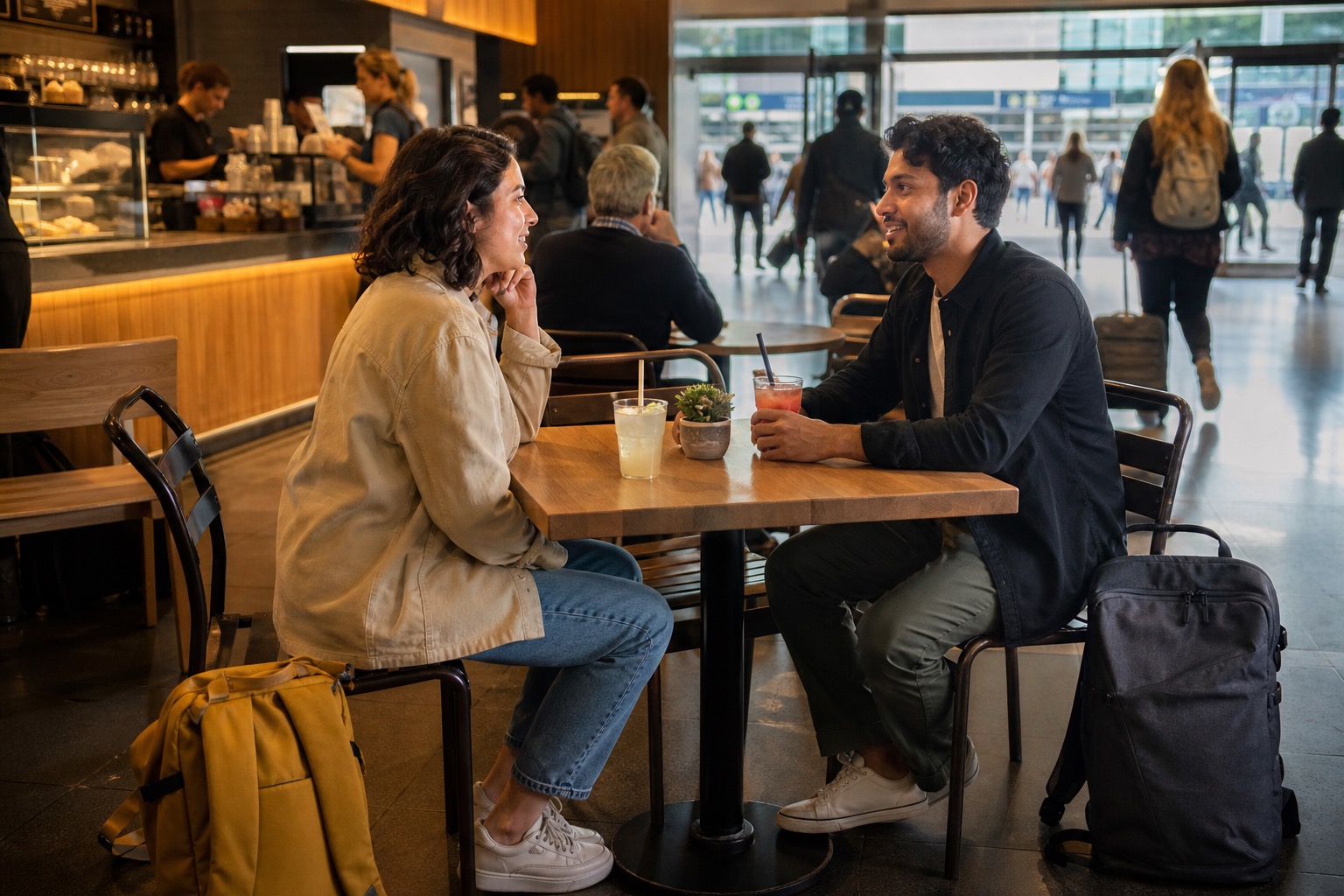 Two adult travelers talk at a staffed public cafe beside a busy transit concourse with their separate bags in reach.