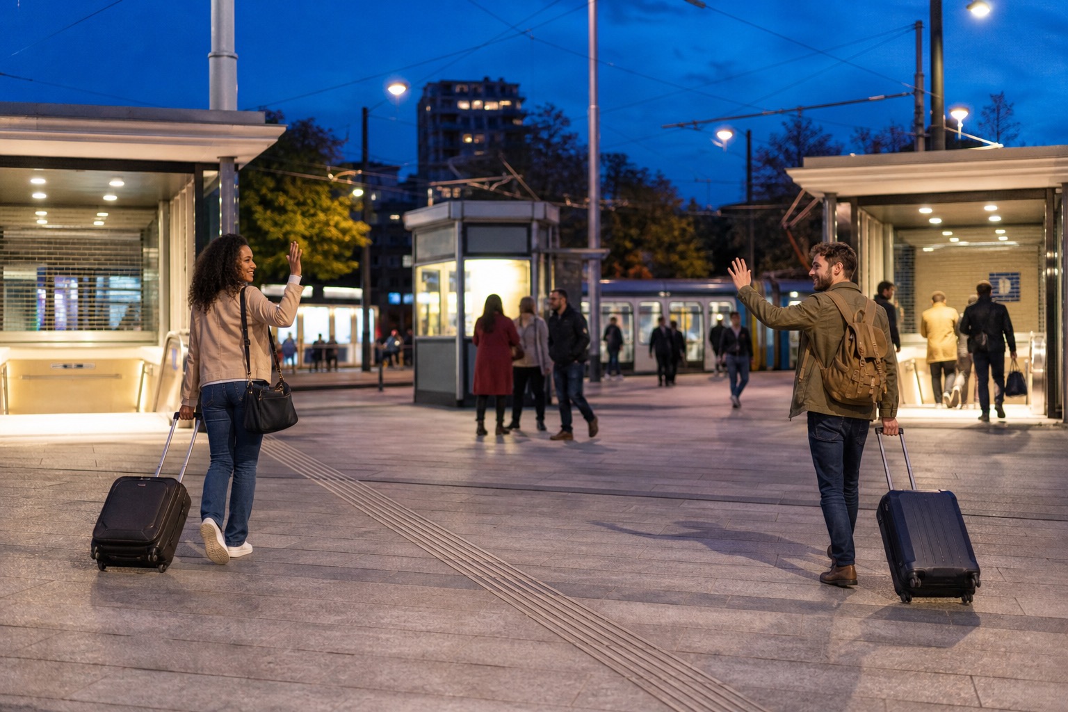 Two solo travelers wave goodbye while leaving toward separate well-lit public-transit entrances in an active evening plaza.