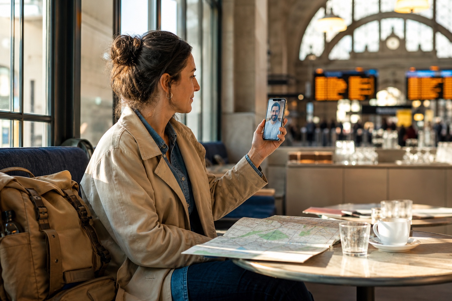 Solo woman traveler makes a short video call with a prospective match from a staffed railway-station cafe before meeting.