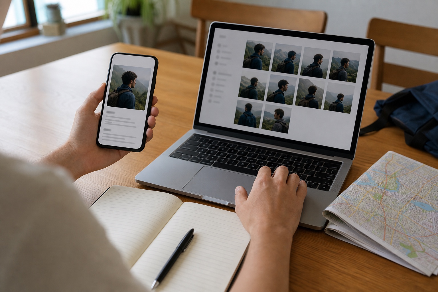 Traveler compares a prospective match profile photo with image-search results beside a notebook and city map.