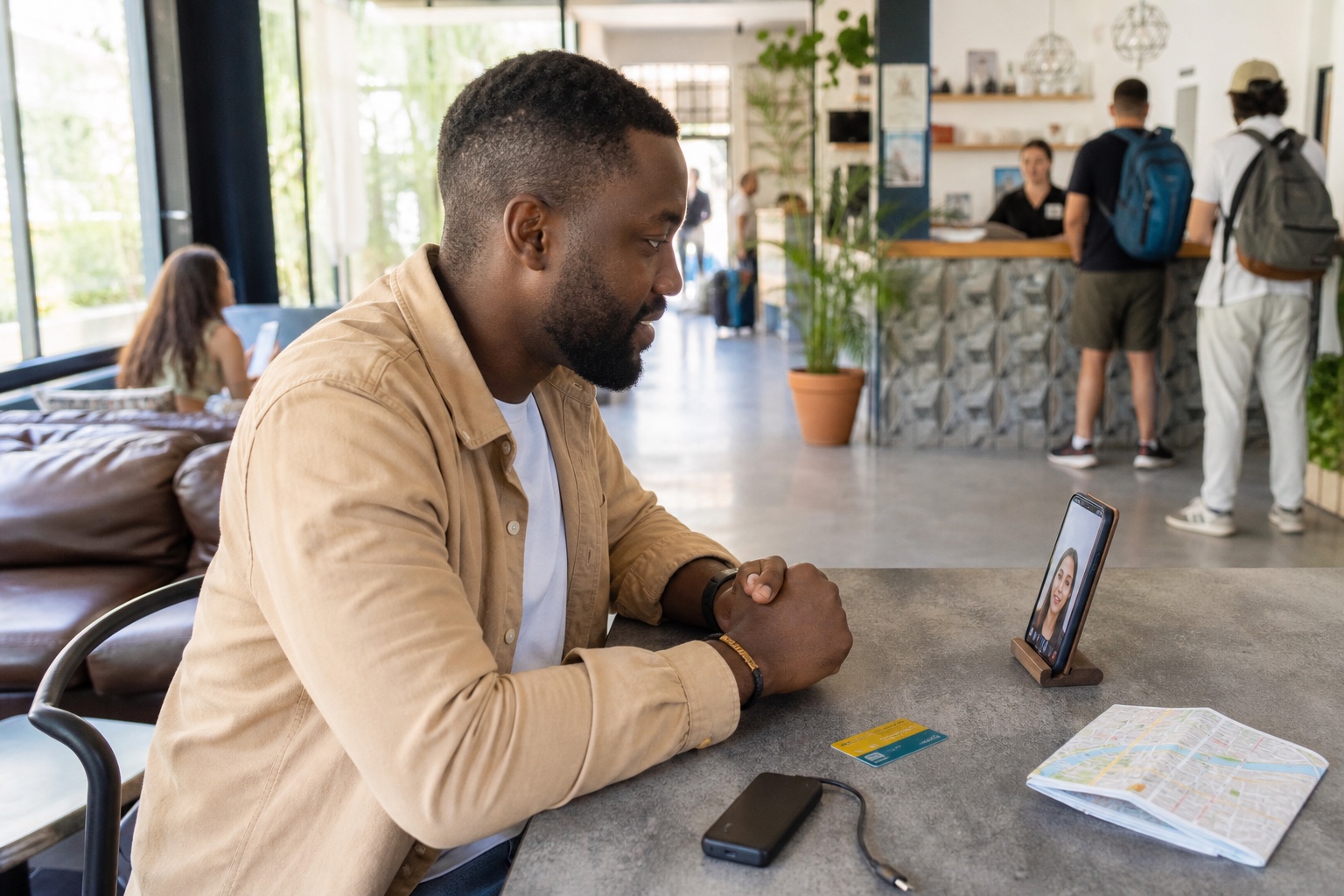 Solo man traveler takes a short video call in a staffed hostel lounge with a route map and portable battery nearby.