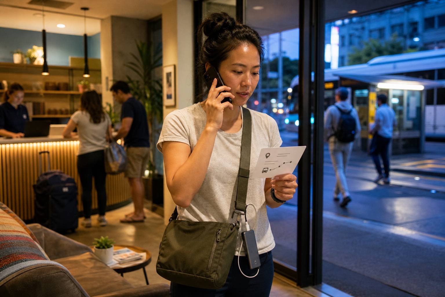 Solo woman traveler calls a trusted contact in a staffed lobby before taking independent public transit to a meetup.