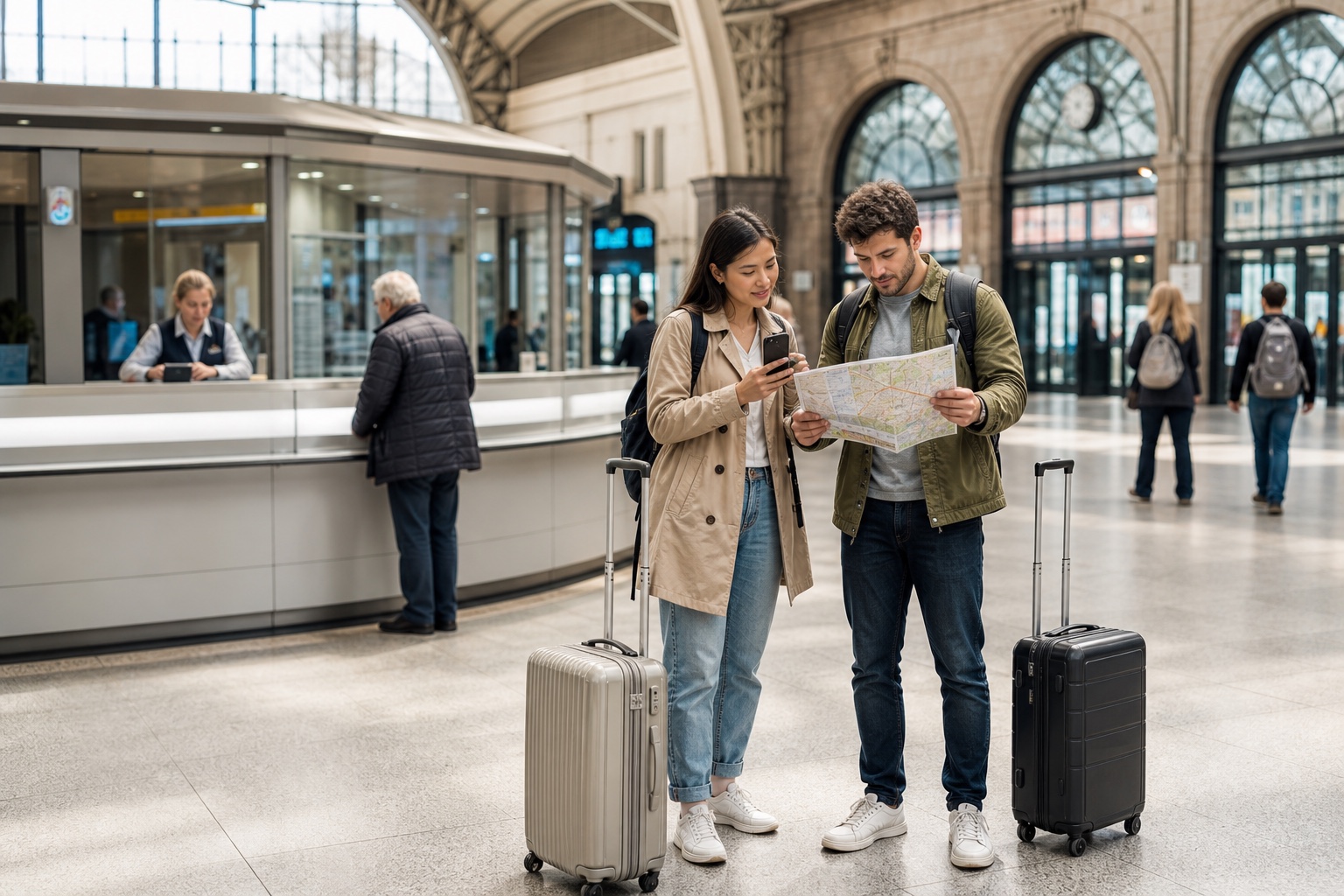Two solo travelers compare a phone map and paper transit map beside a staffed information desk in a busy rail station.